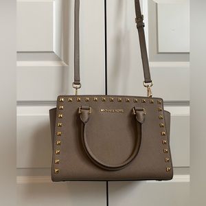 Michael Kors Selma Gold Studded Tan Leather Crossbody Bag
